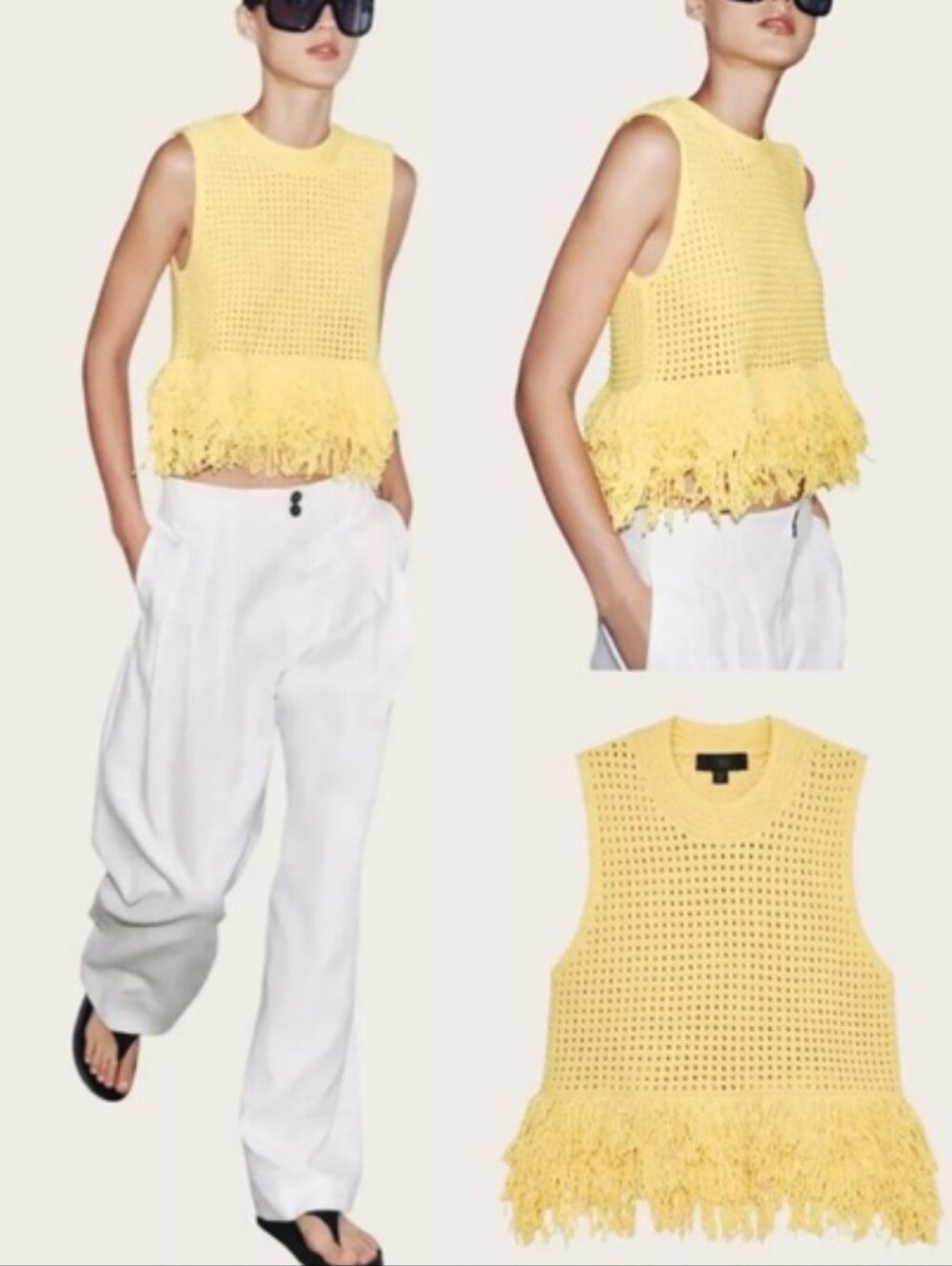 Zara Open Knit Top With Fringe Yellow SzS - Picture 2 of 6